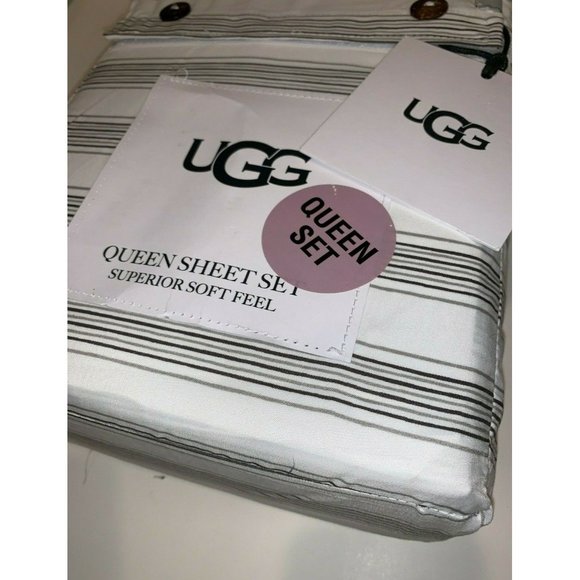 NEW! UGG Queen Sheet Set Gwen Charcoal Stripes Superior Soft Feel 4pcs Set - Picture 2 of 4
